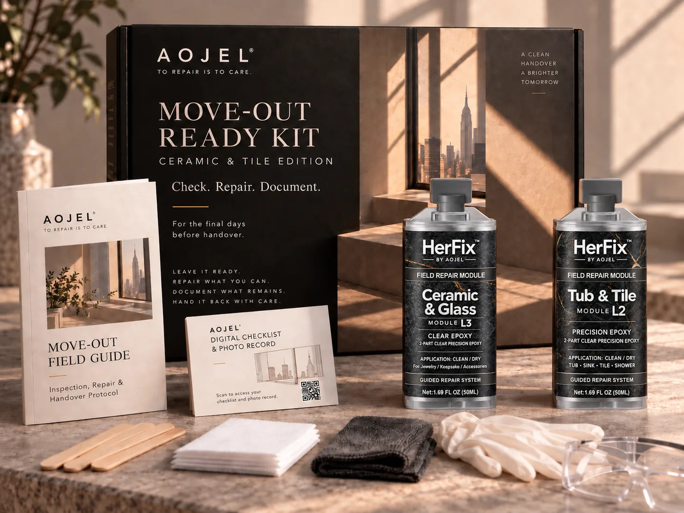 AOJEL Move-Out Ready Kit box with ceramic and tile editions