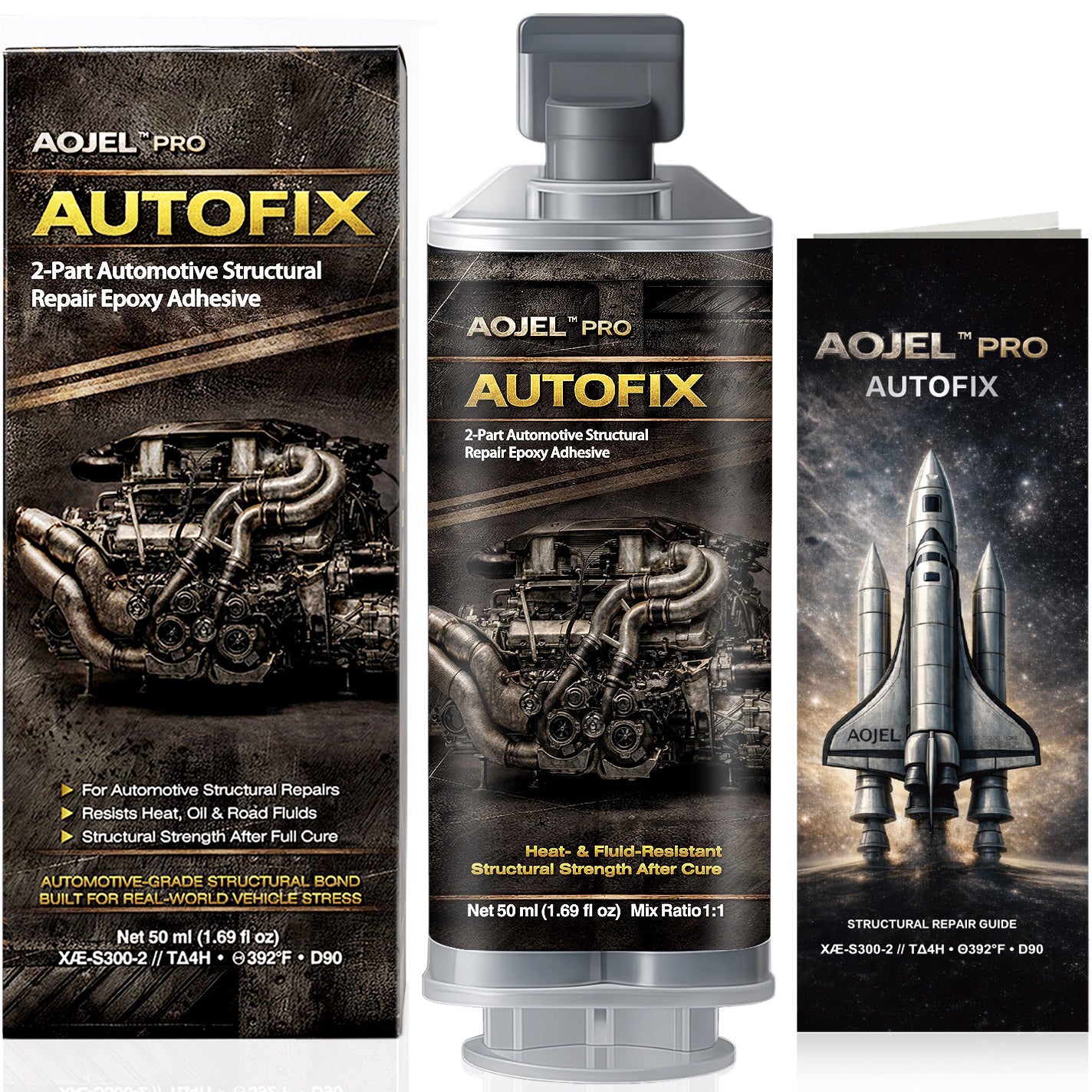 AOJEL Pro AutoFix automotive structural repair epoxy product box and cartridge