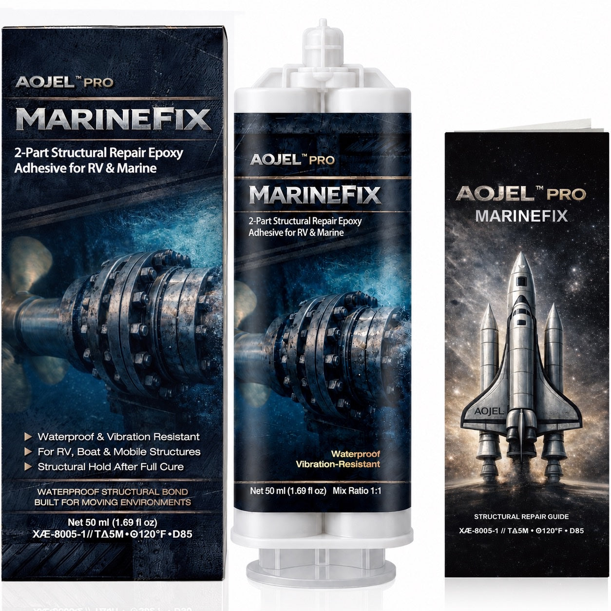 AOJEL Pro MarineFix marine and RV repair epoxy product box and cartridge