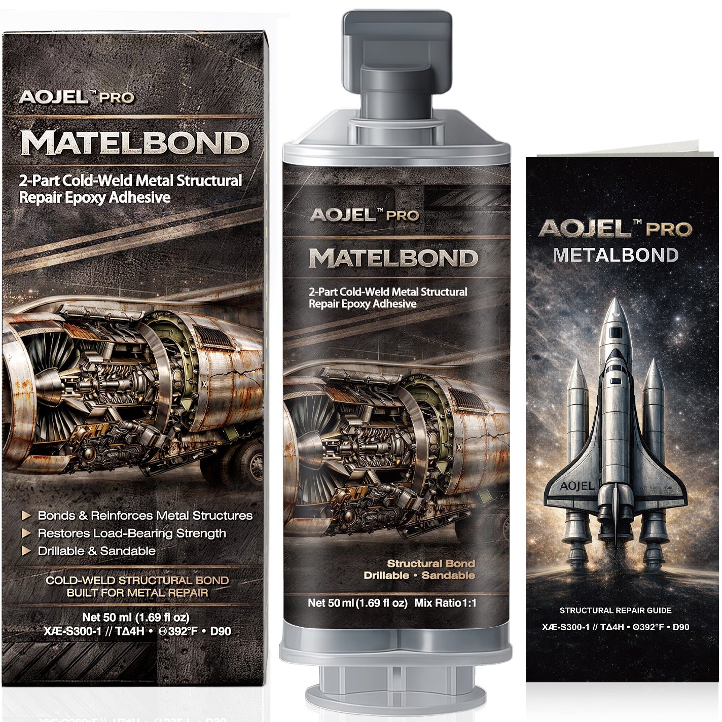 AOJEL Pro MatelBond cold weld metal repair epoxy product box and cartridge