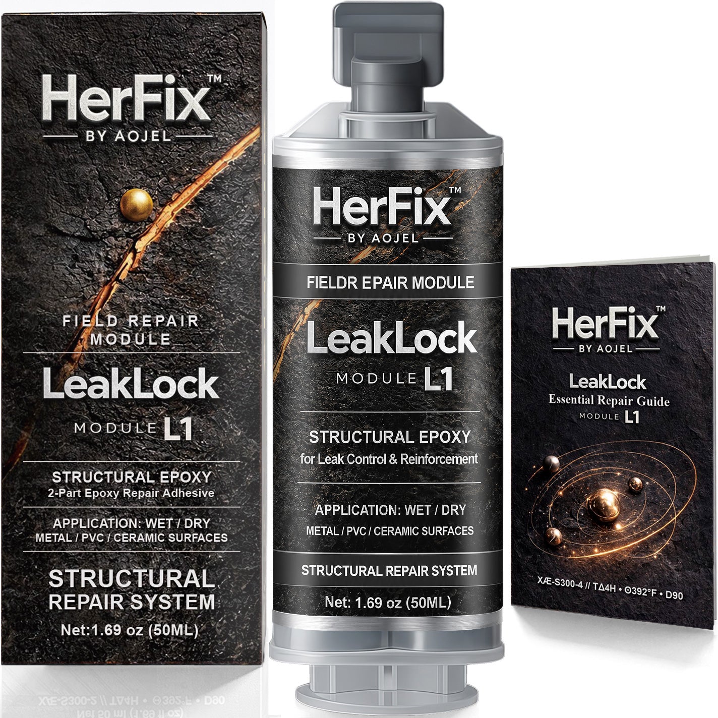HerFix LeakLock L1 household leak repair epoxy product box and cartridge