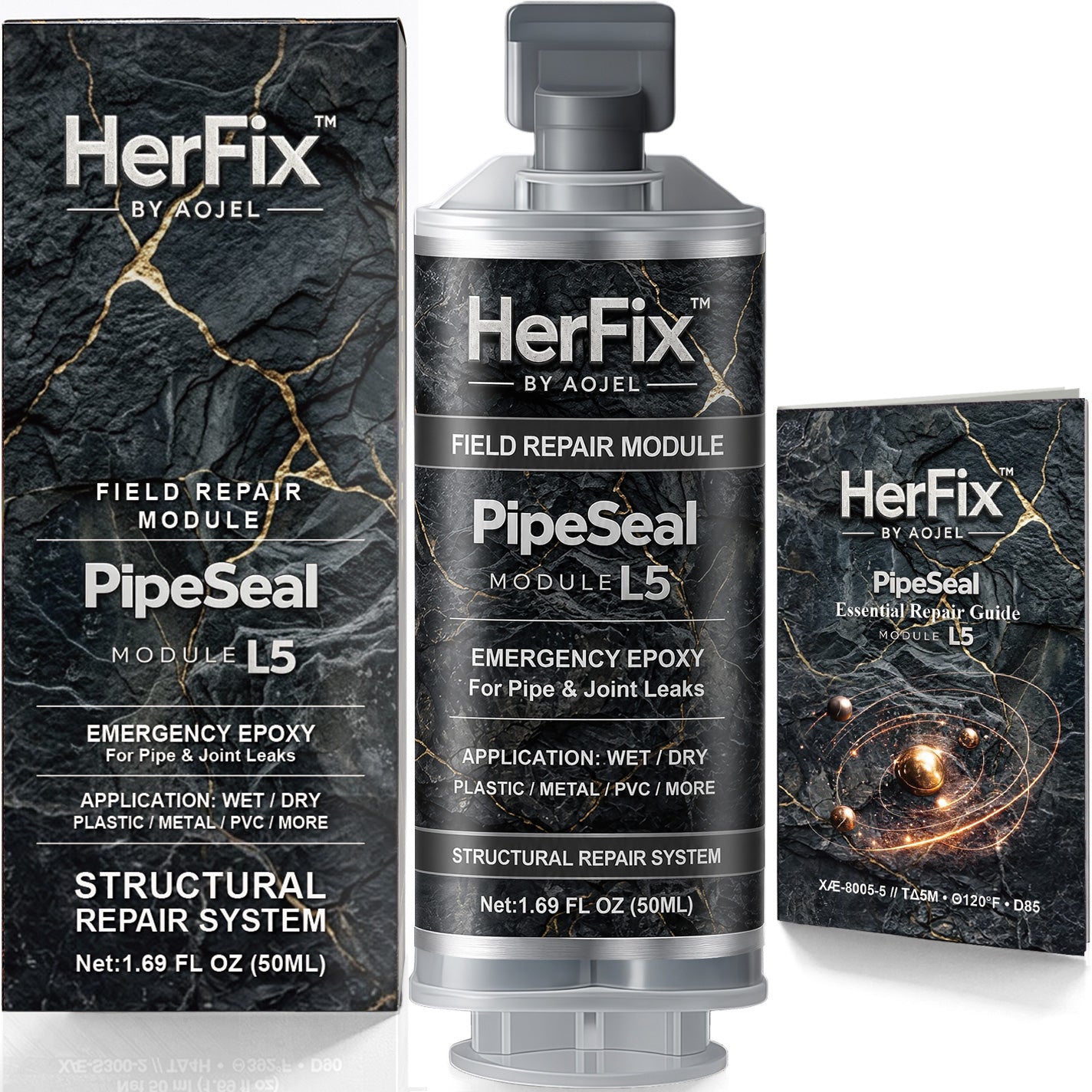 HerFix PipeSeal L5 home pipe and joint repair epoxy product box and cartridge