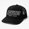 Black trucker hat embroidered with "AOJELFEST NEW YORK" logo on the front