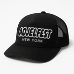 Black trucker hat embroidered with "AOJELFEST NEW YORK" logo on the front