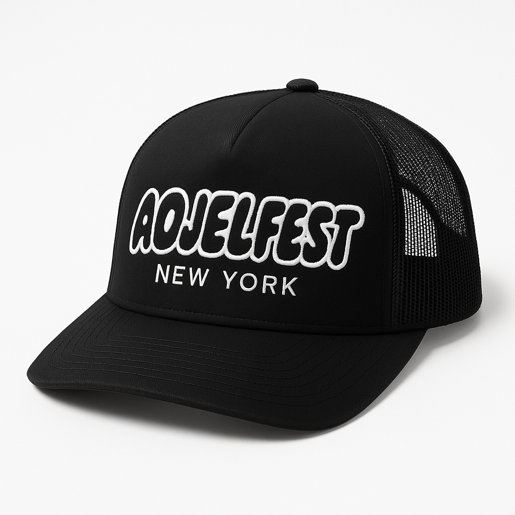 Black trucker hat embroidered with "AOJELFEST NEW YORK" logo on the front