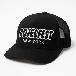 Black trucker hat embroidered with "AOJELFEST NEW YORK" logo on the front
