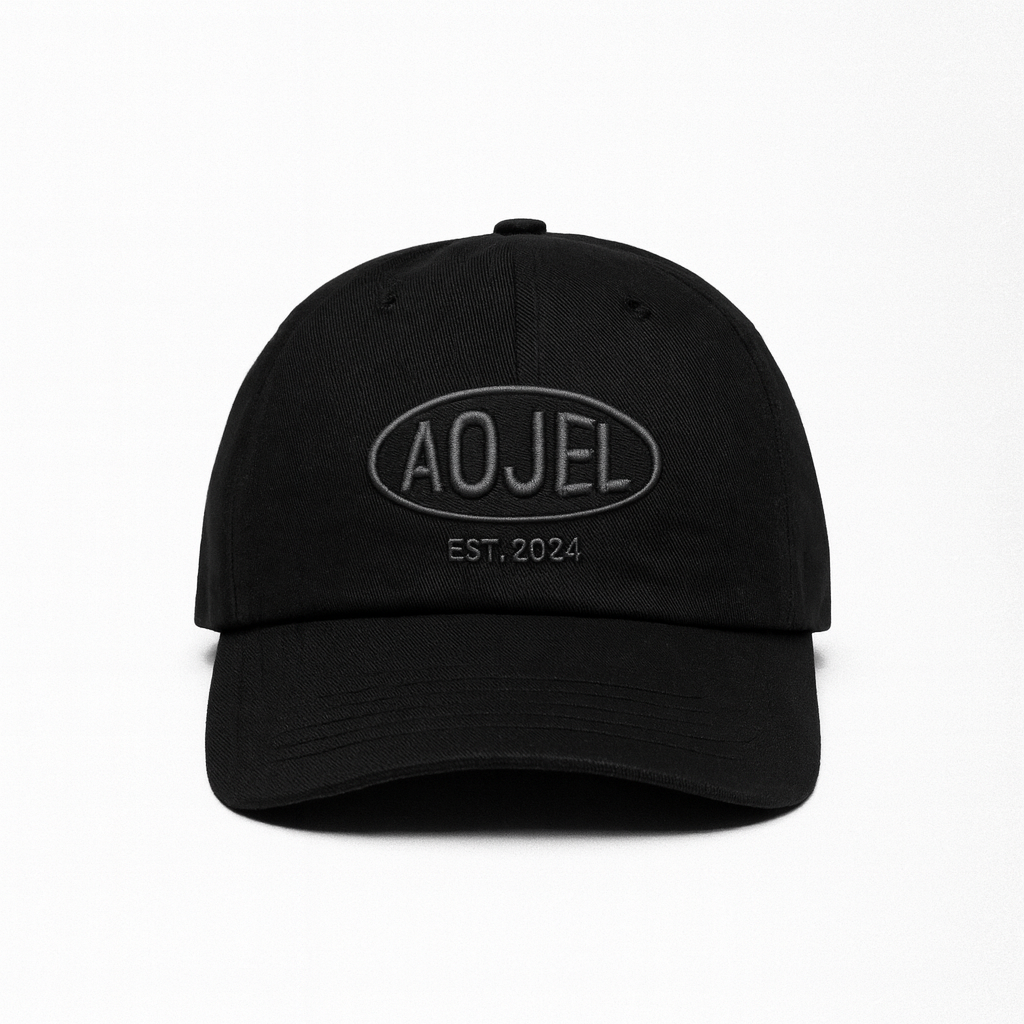 Black AOJEL cap embroidered with “AOJEL EST. 2024” text on the front