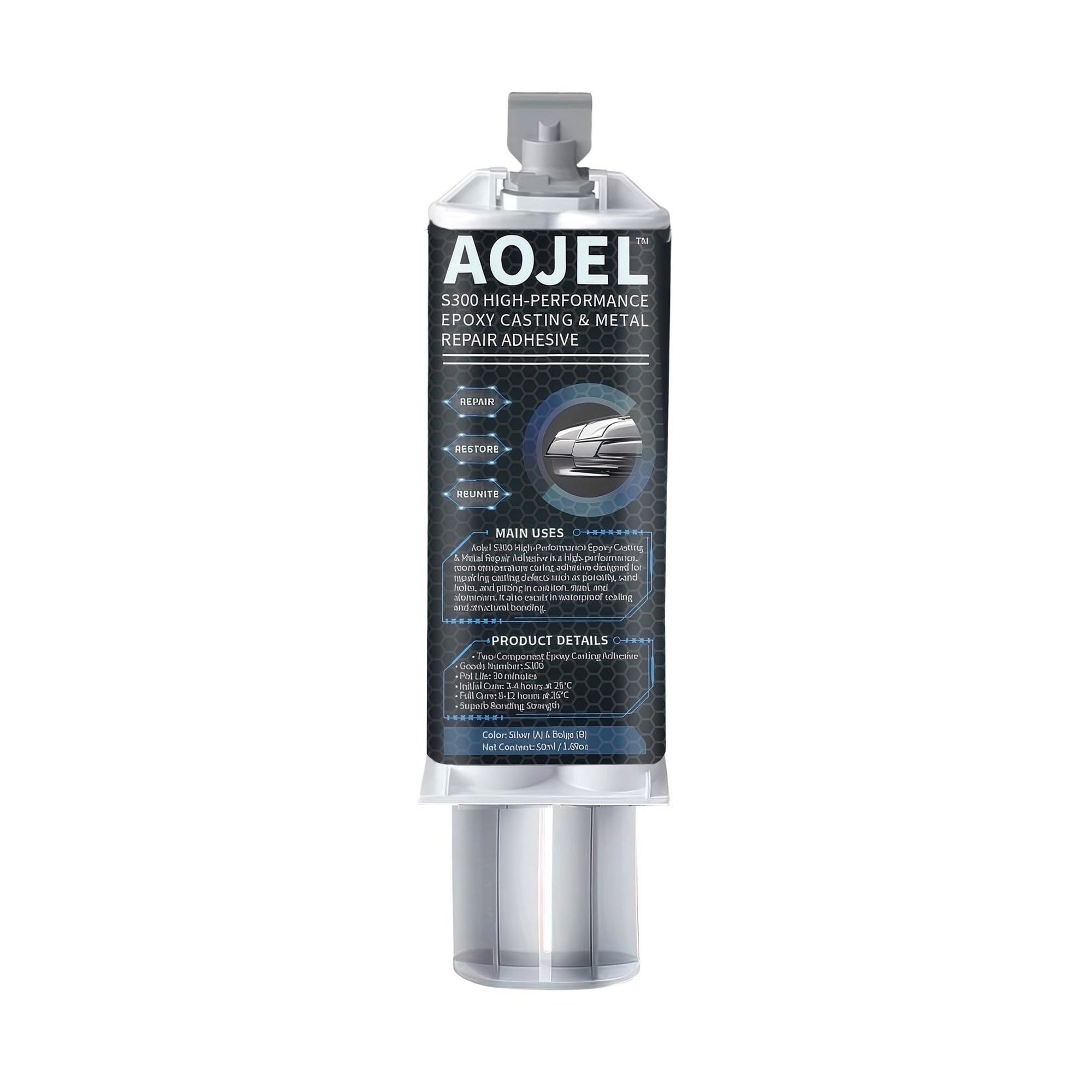 AOJEL™ S300 HIGH-PERFORMANCE EPOXY METAL REPAIR ADHESIVE – INDUSTRIAL-GRADE, WATERPROOF, HEAT-RESISTANT, AND DRILLABLE.
