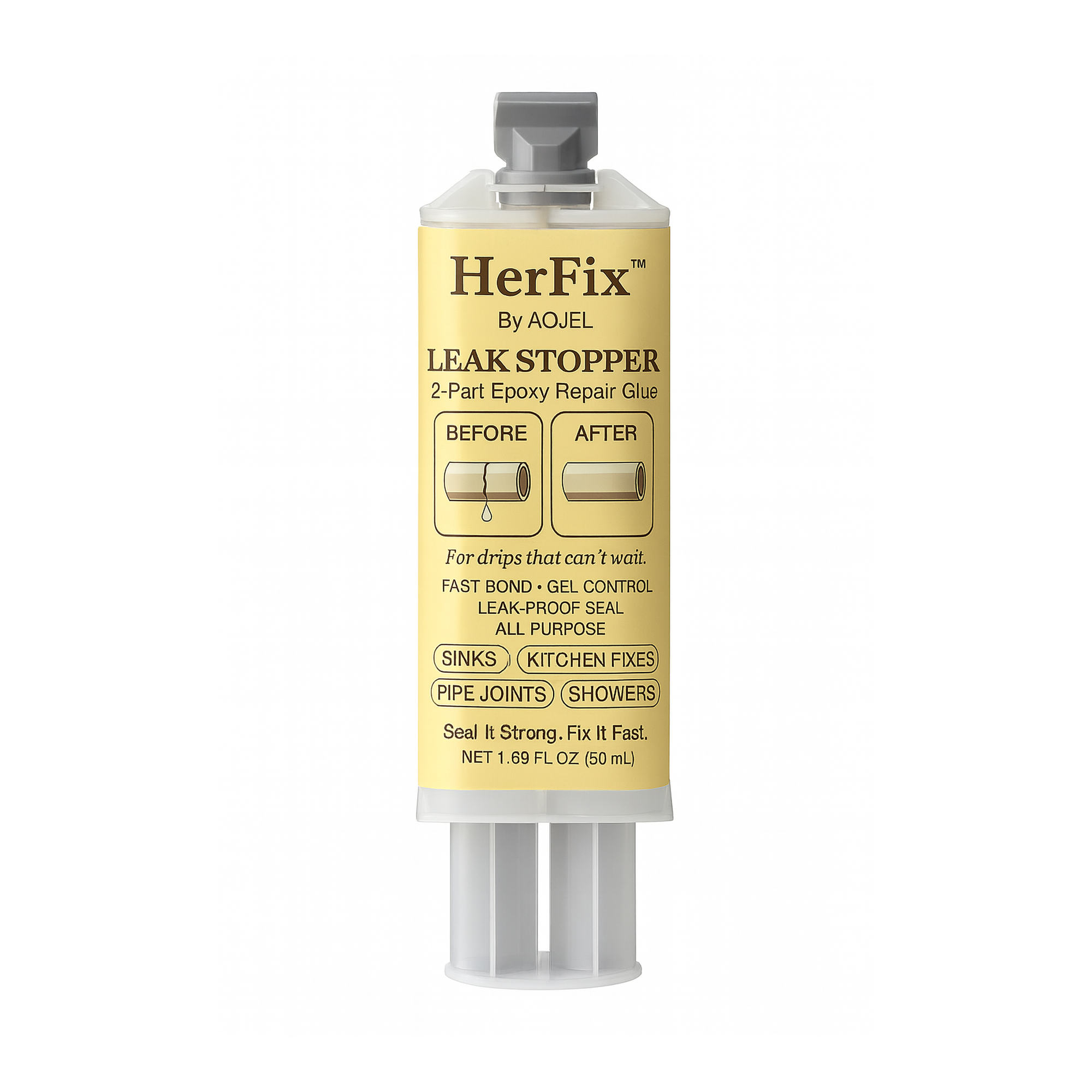 HerFix Leak Stopper waterproof 2-part epoxy repair glue for pipe and leak repair — clean, no-drip, and beautifully strong.