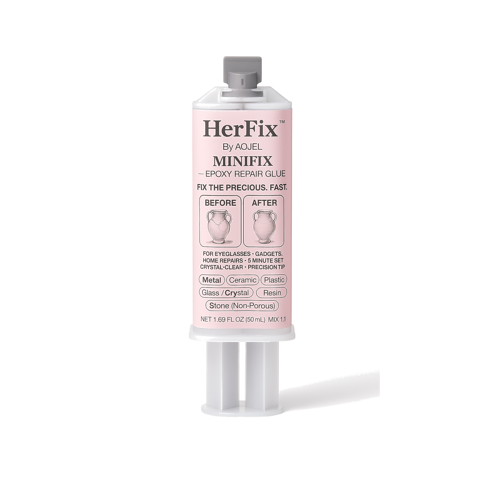 HerFix MiniFix 2-part clear epoxy repair glue for jewelry, eyeglasses, ceramic and home repairs on white background.
