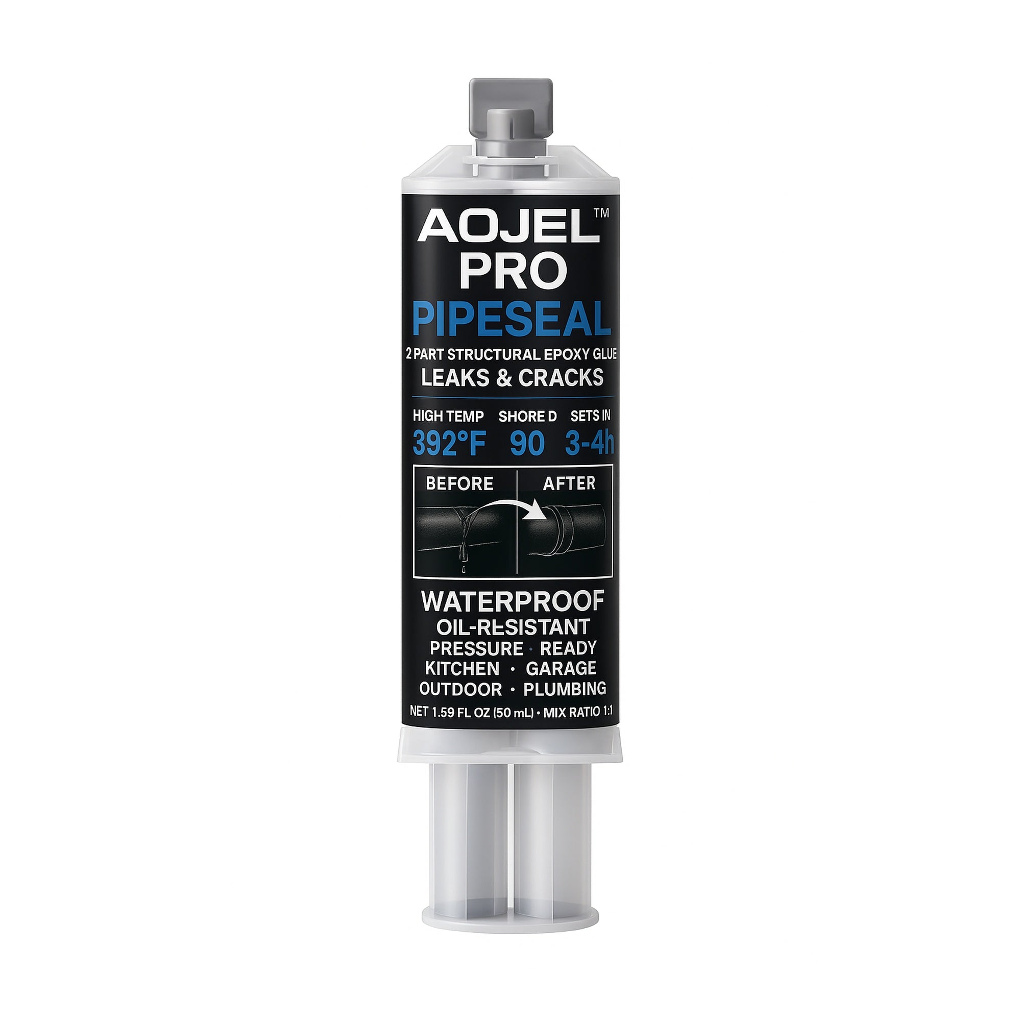 AOJEL PRO PIPESEAL 2-Part Metal Epoxy Glue for Pipe Repair and Leak Sealing – Waterproof, Oil-Resistant, High-Pressure Adhesive on White Background