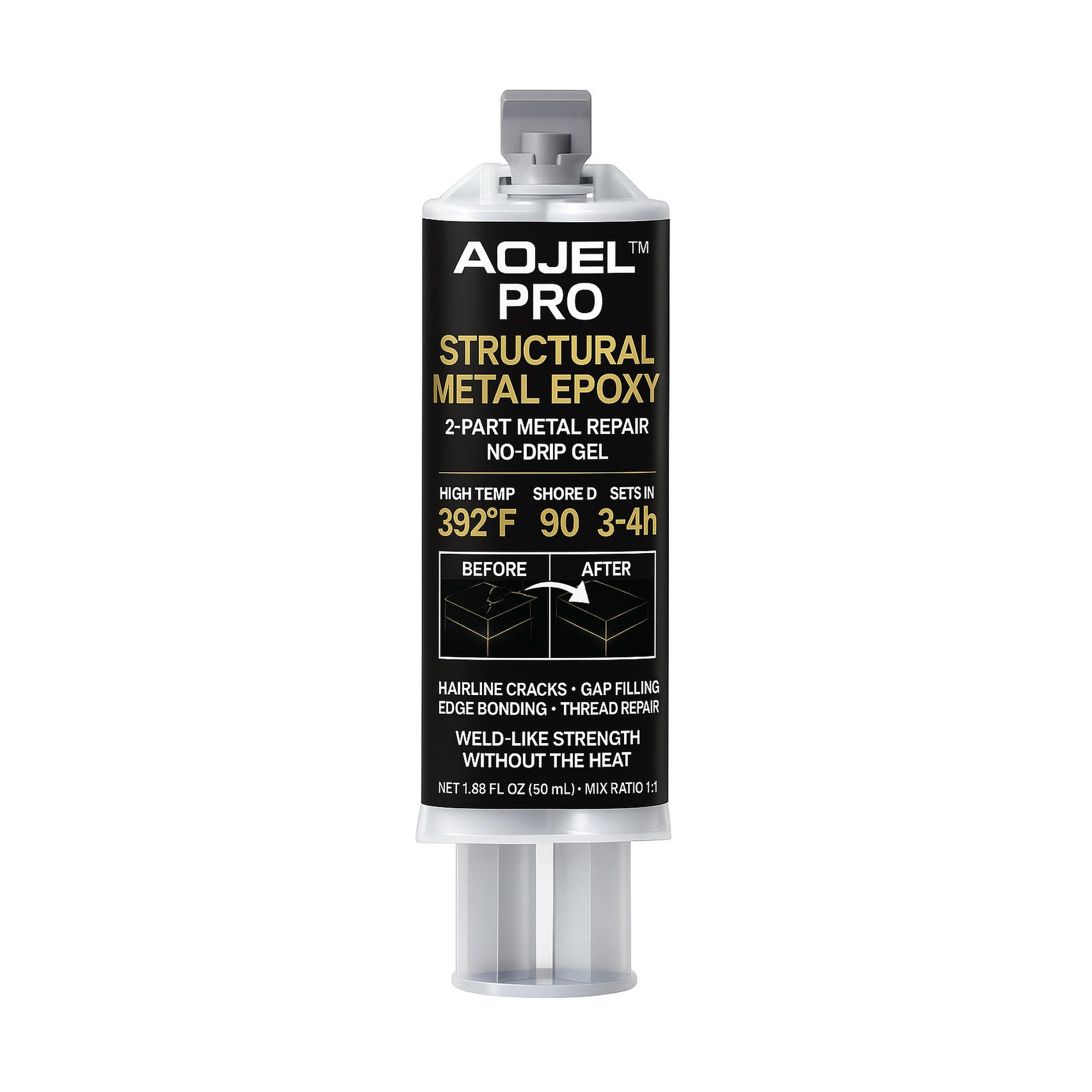 AOJEL PRO Structural Metal Epoxy Glue – 2-part high-strength metal repair adhesive for steel and aluminum, 392°F heat-resistant, no-drip gel on white background.