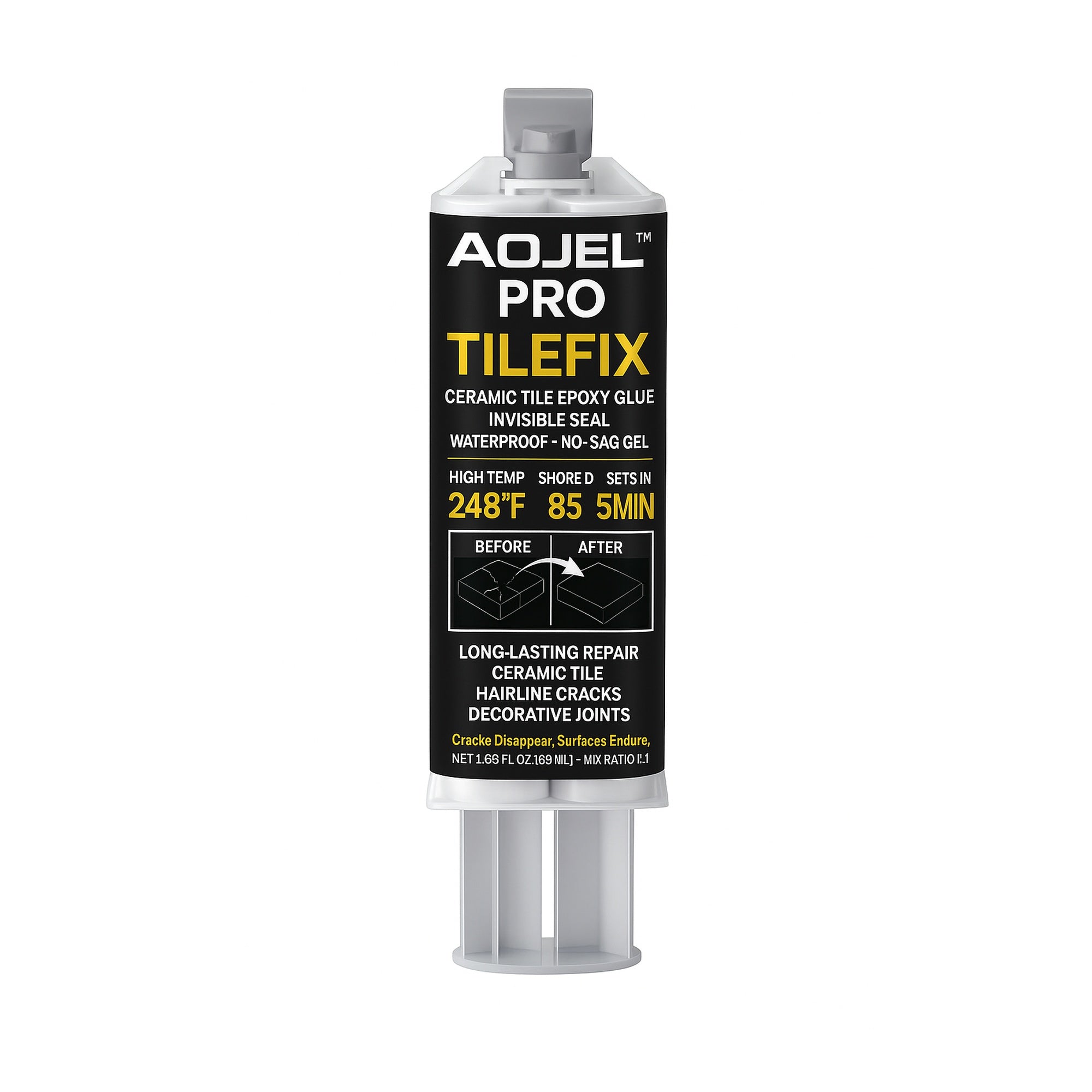 AOJEL PRO TILEFIX 2-part ceramic tile epoxy glue tube for bathroom and kitchen tile repair, waterproof fast-cure adhesive on white background