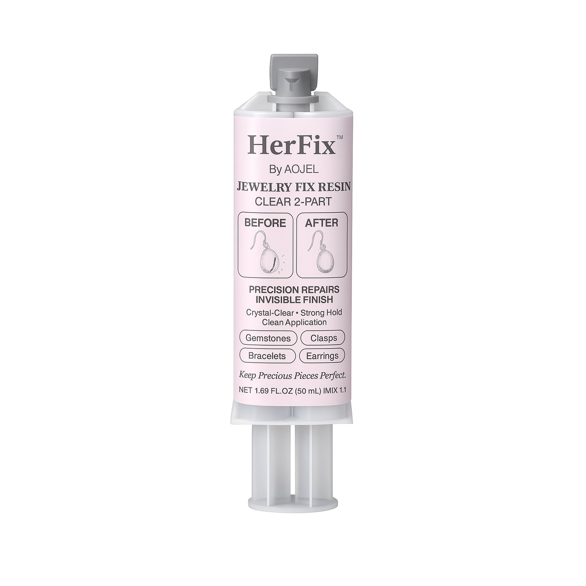 HerFix Jewelry Fix Resin by AOJEL – 2-Part Clear Epoxy Glue for Jewelry Repair, Crystal-Clear Finish, Strong Hold, Pink Bottle on White Background

