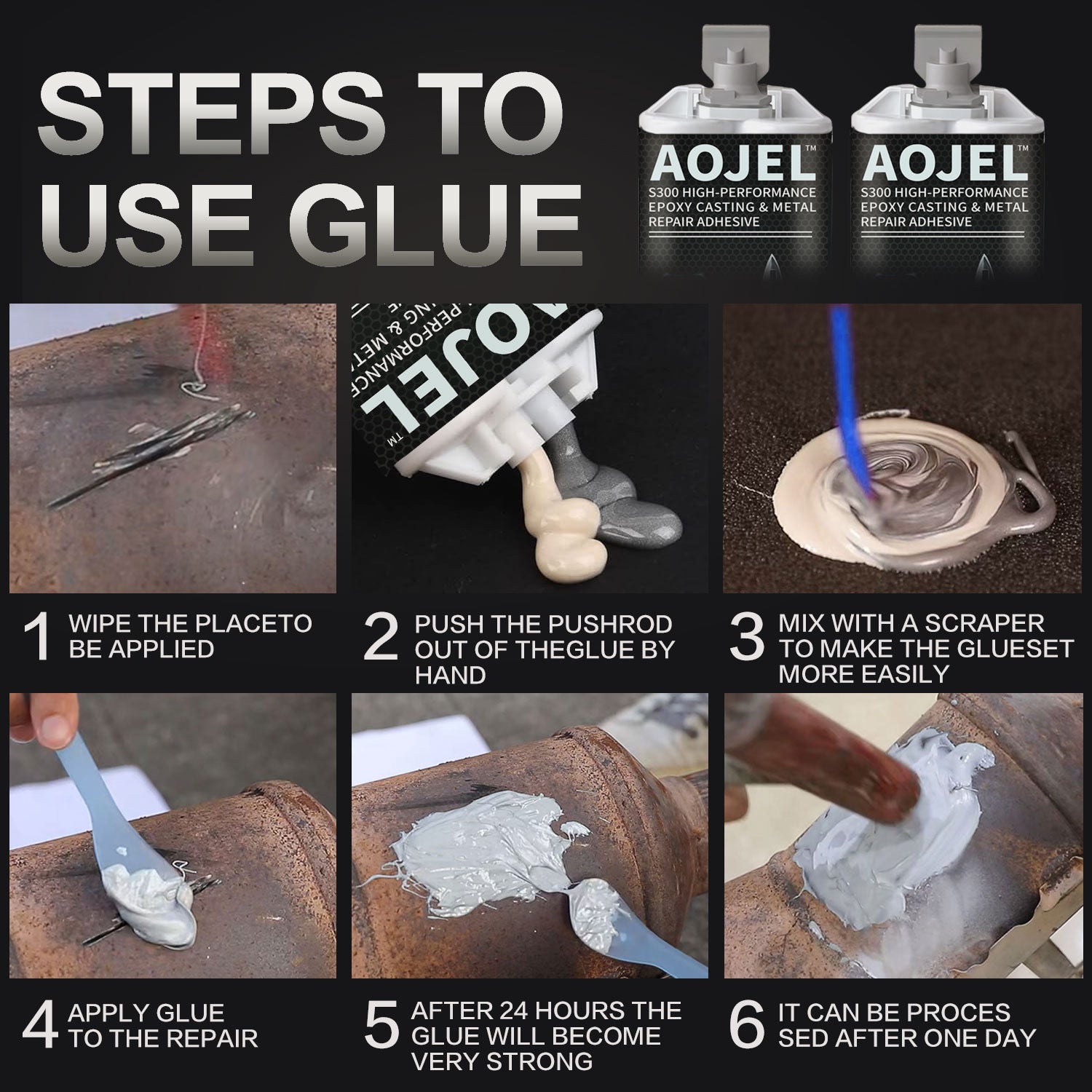 Aojel S300 High-Performance Epoxy Adhesive (2-Pack) – Industrial Metal Repair Glue for Steel, Aluminum, Plastic, Ceramic & More