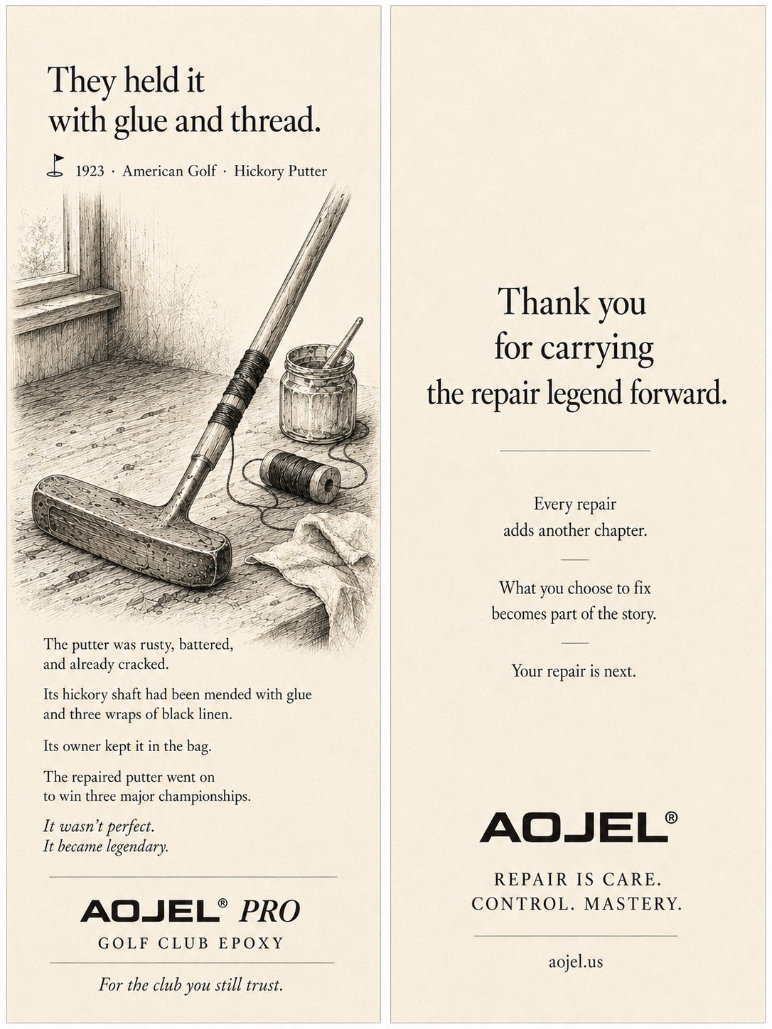 AOJEL PRO Golf Club Epoxy — repair legend story card: They held it with glue and thread.