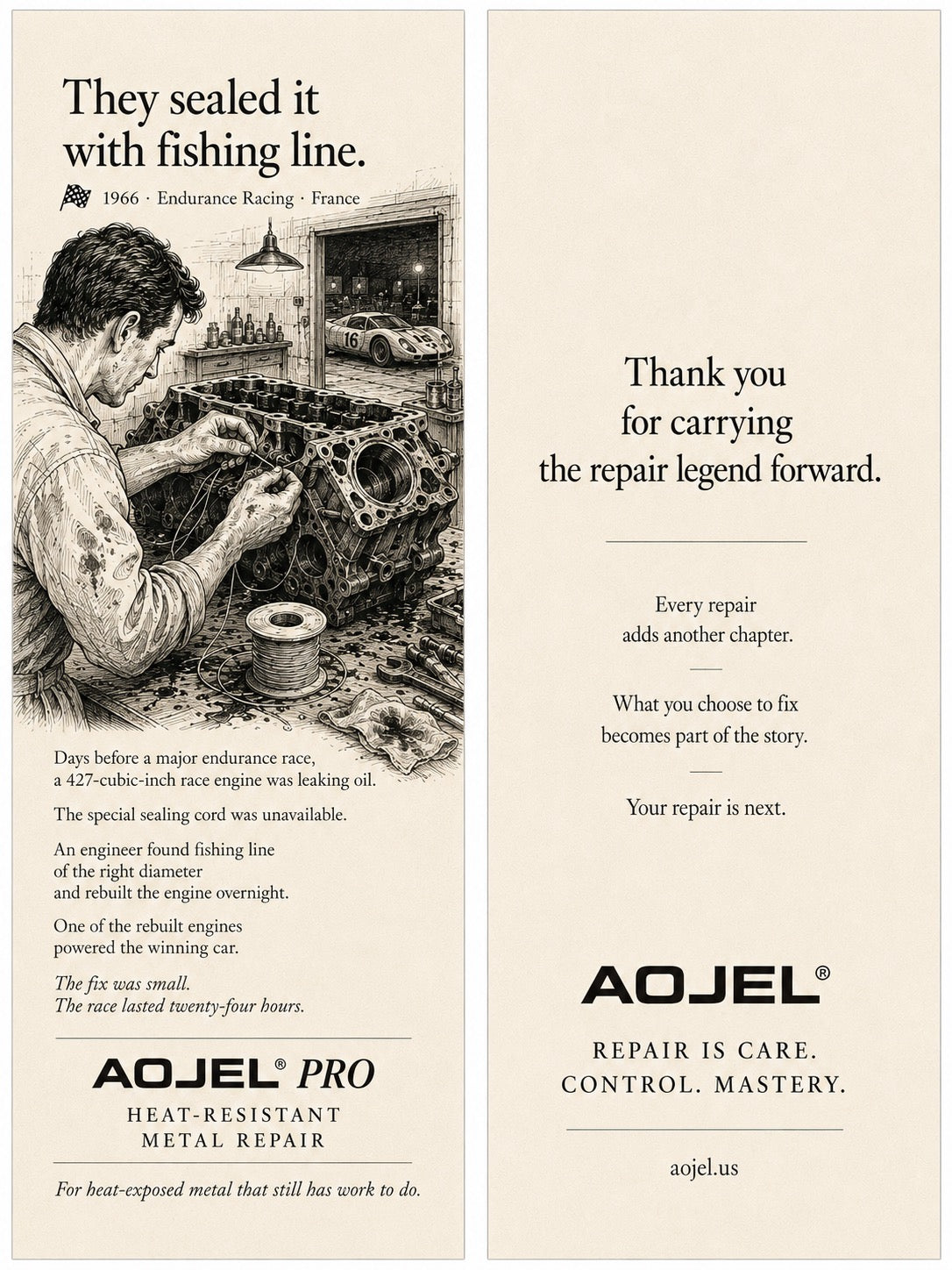 AOJEL PRO Heat-Resistant Metal Repair — repair legend story card: They sealed it with fishing line.