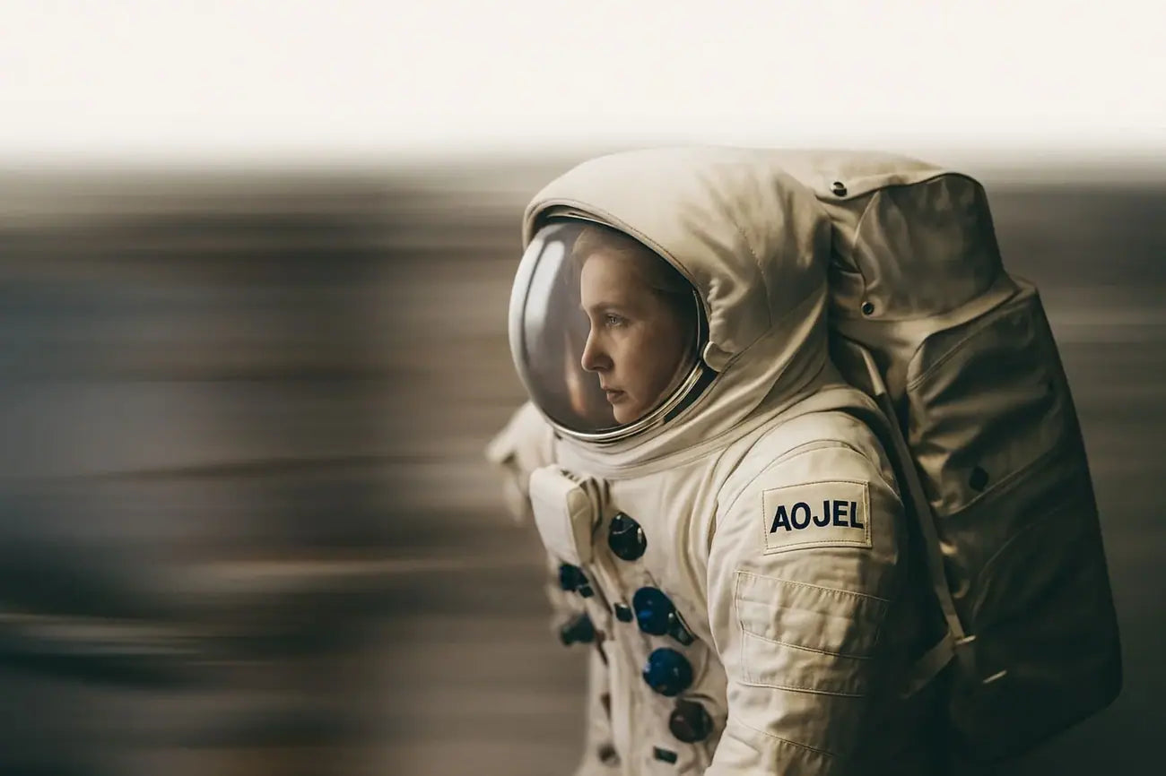 Female astronaut in a cream spacesuit with AOJEL insignia, looking toward the horizon